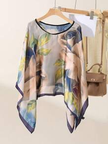 1pc Women's Summer Printed Batwing Sleeve Top Chiffon Poncho Casual Loose Sheer Blouse Shirt With Floral Printed Silk Scarf Boho Beach Cover Ups For Dress - Multicolor - View 4