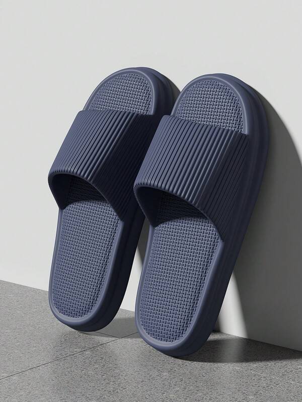 Plus Size 48-49 Men's Simple Slippers, Summer Non-Slip Quiet Striped Comfortable Slides, Unisex Open Toe One-Strap Soft Bottom Breathable Odor-Resistant House Slippers