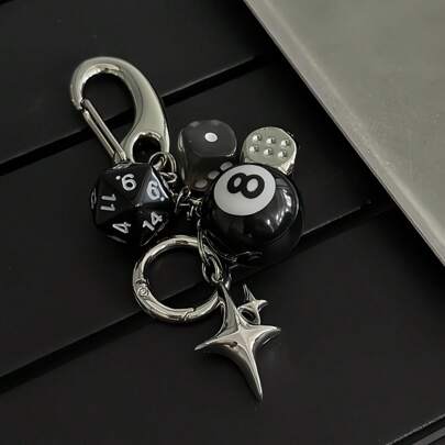 1pc Star-Shaped Dice Black 8-Ball Keychain, Creative Car Keychain, With Lobster Clasp, Suitable For Car Keychain, Bag Decoration.