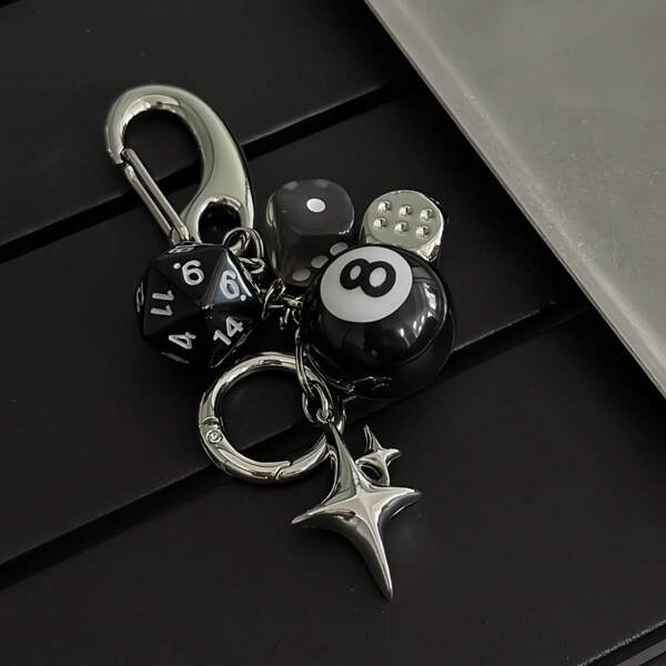 1pc Star-Shaped Dice Black 8-Ball Keychain, Creative Car Keychain, With Lobster Clasp, Suitable For Car Keychain, Bag Decoration.