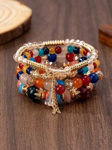 4件套女孩波西米亚风手链，女孩饰品，蝴蝶水晶多层串珠时尚手链 - 彩色 - 查看 15