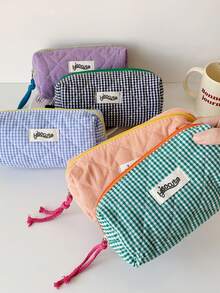 1 pieza Estuche de lápices a cuadros de color contrastante para estudiantes, bolsa de almacenamiento de artículos de papelería, bolsa de almacenamiento de cosméticos y artículos varios de gran capacidad