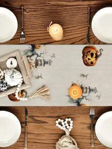 1 pieza/10 piezas Camino de mesa con diseño de cabeza de calabaza de Halloween, camino de mesa de cosecha de otoño, decoración del hogar de temporada, estilo rústico, material similar al lino, 33*91CM/33*183CM/33*274CM, 3 opciones de tamaño, suministros para fiestas interiores y exteriores, decoración con tema de calabaza, decoración de habitación. Adecuado para la decoración de la cocina del hogar y la decoración de eventos y fiestas - Multicolor - Ver 2
