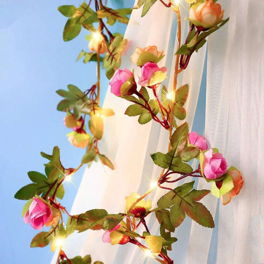 20LED 2.2m Rattan Flower LED String Lights, Artificial Green Leaf Flower Lights, Suitable For Indoor Room Wall Decor, Bedroom Decor, Wedding Party Decoration - Yellow - View 1