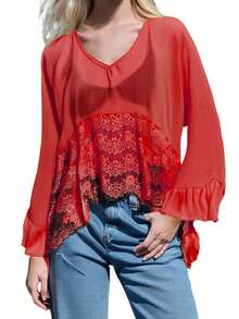 Women's Y2k Summer Sheer Poncho Tops Solid Color Batwing Sleeve Loose Fit T-Shirts Blouses Fairy Grunge Oversized V Neck Lace See Through Flowy Tops - 紅色 - 查看 1