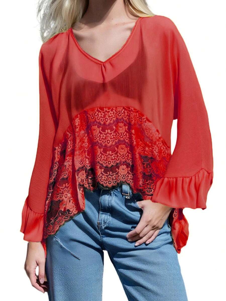 Women's Y2k Summer Sheer Poncho Tops Solid Color Batwing Sleeve Loose Fit T-Shirts Blouses Fairy Grunge Oversized V Neck Lace See Through Flowy Tops - 紅色 - 查看 1