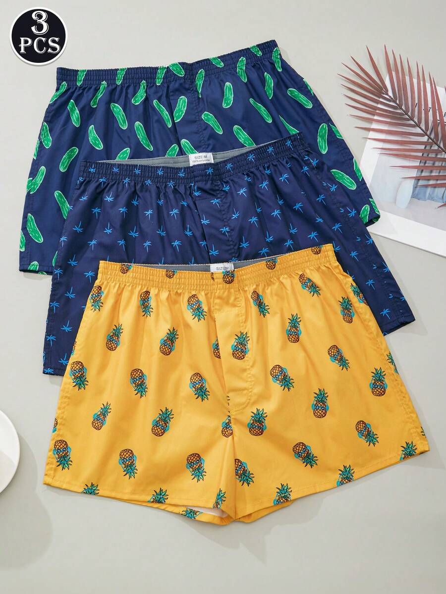 3条装男士棉质印花经典格子时尚舒适芦荟裤 - 彩色 - 查看 1