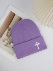 1 Peça Gorro de Malha Estilo de Rua Masculino com Bordado em Cruz, Chapéu de Malha Y2K, Sem Aba, Visual de Halloween e Outono