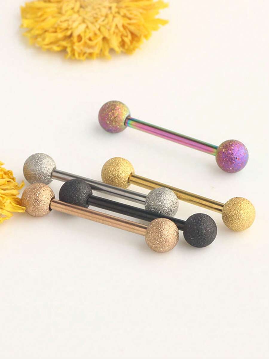 1 pieza Barra de lengua con doble bola de acero inoxidable, joyería de perforación corporal de acero quirúrgico