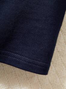 女孩可爱刺绣彼得潘领长袖 T 恤，时尚透气柔软纯棉可追溯面料，海军蓝上衣，春季新品