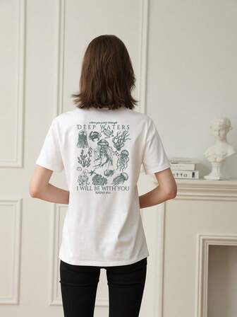 女式夏季新款简约可爱海洋生物印花休闲度假风宽松百搭圆领白色短袖T恤时尚日常上衣适合日常度假穿着。图案T恤女款粉色上衣