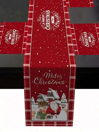 1/5/7/60 piezas Juego de manteles individuales y caminos de mesa navideños, con diseños impresos de Papá Noel, casas y texto, adecuados para decorar fiestas, cocinas, restaurantes y comidas festivas.