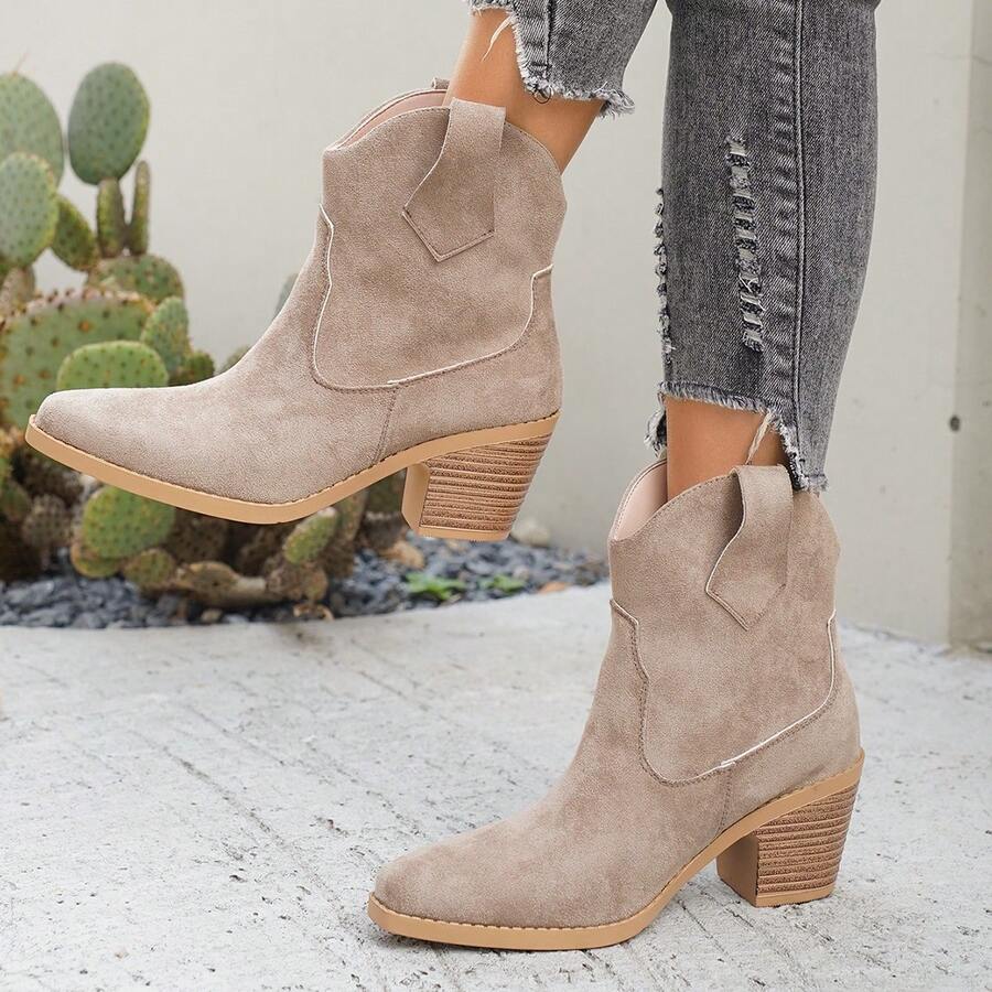 1 Pair Women's Solid Color Western Style Chunky Heel Boots, 2025 Autumn/Winter New Fashion Versatile Women's Slip-On Ankle Boots