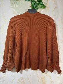 Women's Knitted Winter Coat With Puff Sleeves, Simple, Knitted - Marrón - Ver 3