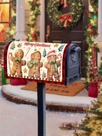 1 个 45 * 52 厘米圣诞主题邮箱盖，圣诞快乐和可爱的姜饼人图案 - 耐用的涤纶户外节日装饰，适用于家庭花园、冬季花园装饰面料、圣诞节节日装饰。