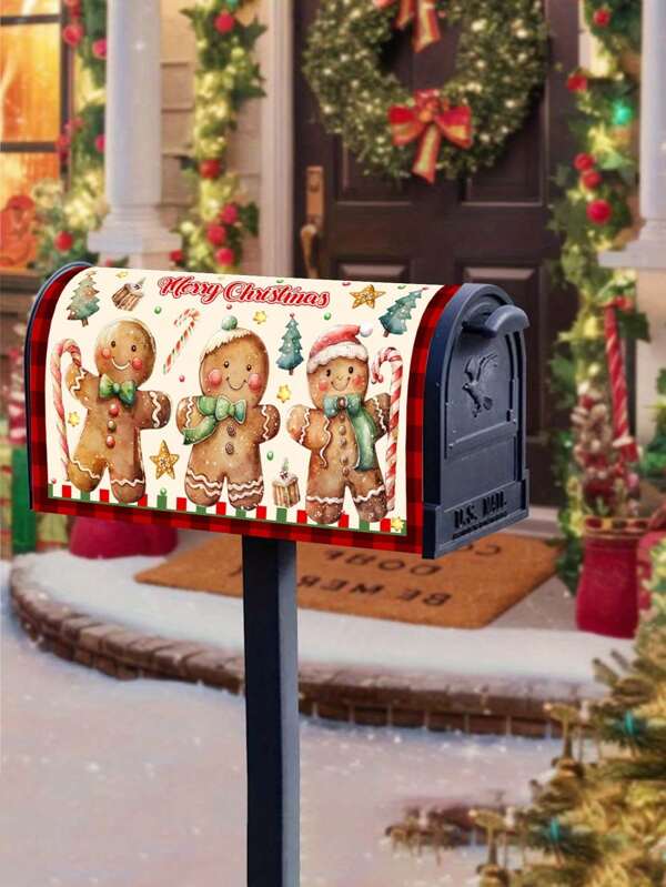 1 pezzo Copri cassetta postale da 45*52cm a tema natalizio, con scritta "Buon Natale" e motivo di uomo di pan di zenzero - in durevole poliestere per decorazioni natalizie da esterno, adatto per casa e giardino, decorazione invernale per il giardino, decorazione natalizia.