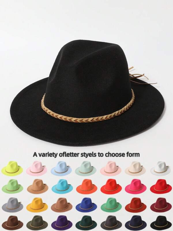 1pc Women's Fashion Solid Color Heart-Shaped Flat Brim Felt Hat, Decorated With Contrasting Braided Waistband, Personalized Western Cowboy Hat, Suitable For Outdoor, Travel, Party, Unisex