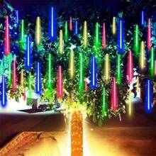 LED Meteor Shower String Lights, Battery Powered, 8-Tube Christmas Tree Hanging Decor, Suitable For Holiday Lighting, Christmas, Halloween, Wedding, Yard, Home Decoration