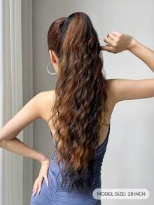 28 Inch Deep Brown Wavy Curly Clip-In Ponytail Hair Extensions, Soft & Natural, Synthetic Hair Piece, For Women - Brown Highlight - View 3
