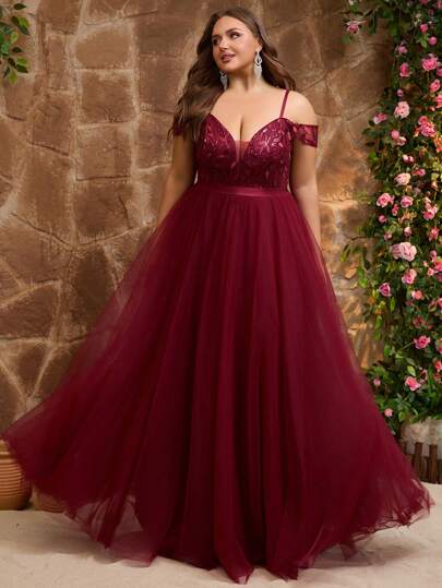 Women Plus Size Romantic Party Elegant Leaf & Sequin Mesh Backless Tie Dress, Suitable For Wedding, Prom, Birthday, Formal Dinner, Cocktail, Graduation, Homecoming Events