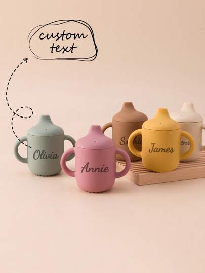 1PC Personalized Customization Name Children Silicone Sippy Cup Portable Water Bottle Kids Feeding Learning Cups Leakproof Toddler Bottles Solid Color Custom Tableware,Halloween Edit,Back To School Fashion