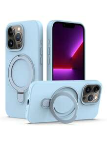 1pc Luxury Liquid Silicone Matte Invisible Ring Holder Stand Case Compatible With Iphone16 15 14 13 12 11 Pro Plus Max Wireless Charge Waterproof Shockproof Anti-Fall Scratch Resistant - Sky Blue - View 5