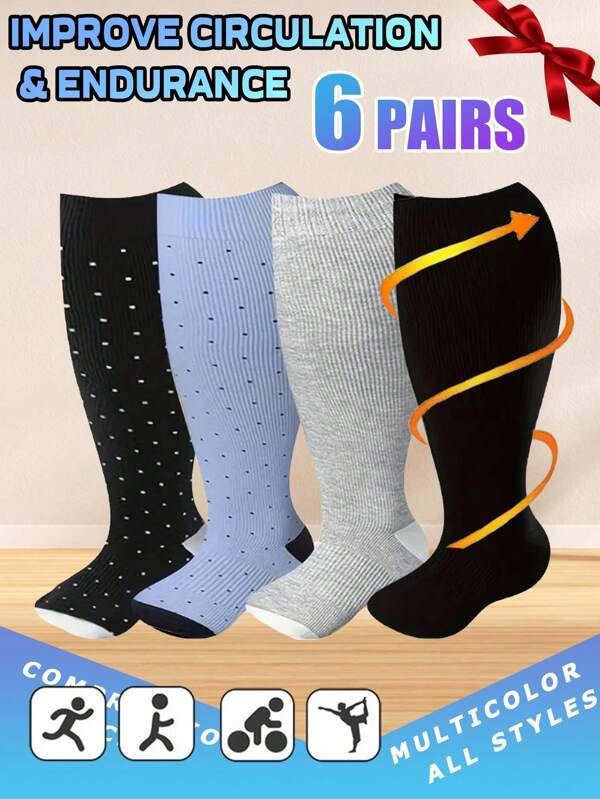 4 Pairs Plus Size Compression Socks For Men & Women,Wave Stripe Style, Comfortable And Breathable, Suitable For Exercise, Fitness And Yoga, Beneficial For Blood Circulation