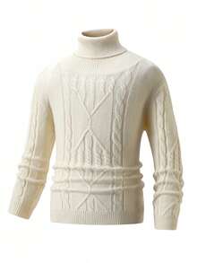 Tween Boys' Solid Color Cable Knit High Collar Sweater, School Style, Suitable For Spring, Autumn, Winter - Apricot - View 2