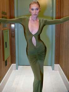 Sexy Deep V Crop Top High Waist Ruched Bodycon Long Sleeve Dress