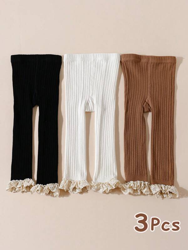 3 pares de leggings de 7/8 de longitud con costillas verticales de unicolor y adorno de encaje para niños, color Maillard, versátil para uso diario en otoño/invierno