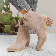 1 Pair Women's Solid Color Western Style Chunky Heel Boots, 2025 Autumn/Winter New Fashion Versatile Women's Slip-On Ankle Boots