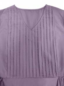 女士休闲褶皱宽松半袖纯色连衣裙，适合通勤和优雅场合、乡村/波西米亚风格、度假装、商务休闲 - 紫色 - 查看 4