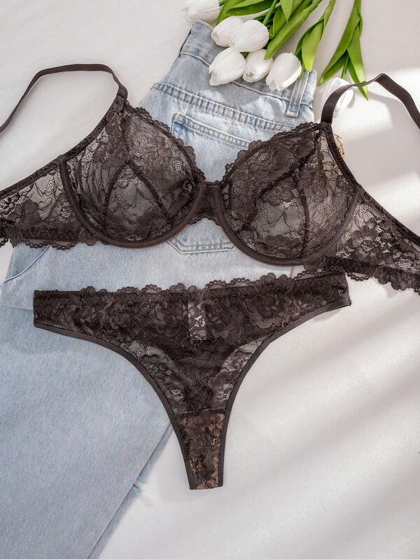 1 Set Women's Solid Color Lace Underwire Plus Size Bra Set, Lift