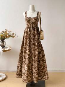 Rusttydustty Váy Maxi Hoa Nâu Cổ Điển Không Tay Cạp Cao Boho Sundress Váy Dài Hoa Boho - Xem 2