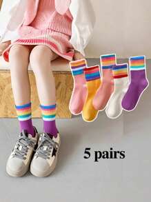 5 paia di calzini a collo tondo per bambini per primavera, autunno e inverno. Spessore medio, elastici, a righe arcobaleno, calzini da ragazza dopamina