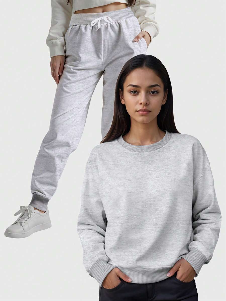 Women's Round Neck Sweatshirt And Comfort Flannel Pants Set - Light Grey - View 1