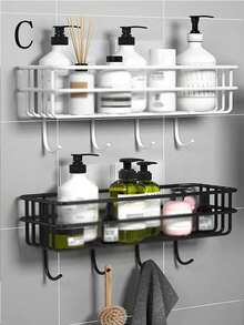 1pc Simple Black Hollow Wall Mounted Storage Shelf, Modern Iron Bathroom Storage Rack For Household
