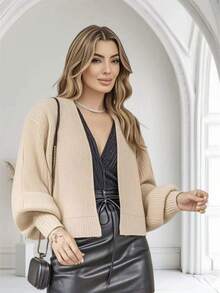 Women's Knitted Winter Coat With Puff Sleeves, Simple, Knitted - Beis - Ver 1