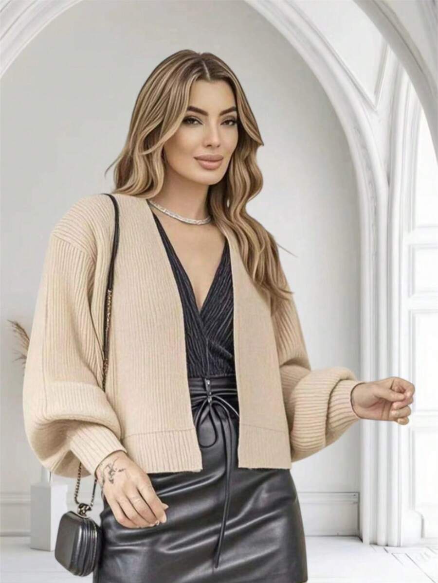 Women's Knitted Winter Coat With Puff Sleeves, Simple, Knitted - Beis - Ver 1