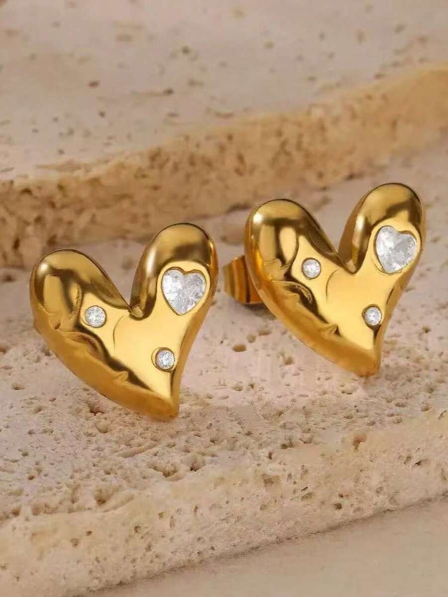 1 par de pendientes elegantes de acero inoxidable para mujer con diseño asimétrico de corazón con rhinestones, adecuados para uso diario y vacaciones