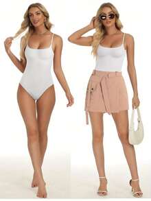 Women Sexy Spaghetti Strap Square Neck Thong Bodysuit Backless Camisoles Halter Tank Top - 白色 - 查看 7