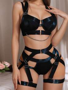 3-Piece Lingerie Set For Women, Strappy Lingerie Underwire Push Up Bra Garter Set Lingerie With Chain,Disfraces Sexy De Mujer For Wild Queen, Disfraz Halloween Mujer Bodysuits For Women ,Body Suit For Fetish Clubwear, Halloween Costumes For Women Pefect For Nightclub&Party&Romantic Night - màu đen - Xem 3