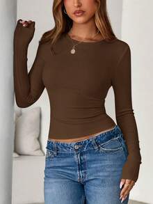 Women Spring And Fall Long Sleeve Shirts Ribbed Crewneck Fitted Basic Tee Going Out Tops Casual Workout Vacation Outfits - 棕色 - 查看 3