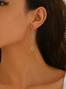 1 Pair Simple Geometric Round Hoop Earrings, Elegant Tassel Stainless Steel Circle Chain Dangle Earrings, Valentine's Day Gift - Yellow Gold - View 7