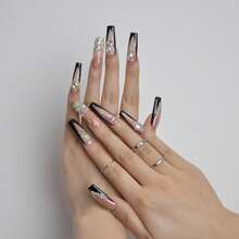10PS Reusable Handcrafted Wearable Armor Long Coffin French Fake Nails Full Drill Glitter Art Acrylic False Nails Tips Ballerina Black Press On Nails For Women And Girls - màu đen - Xem 3