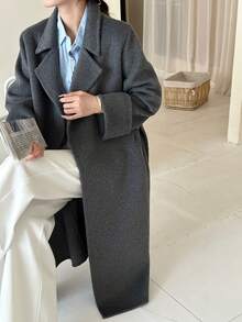 Women's Lapel Belted Double-Faced Wool Coat With Pockets, Suitable For Autumn/Winter - Dark Grey - View 7