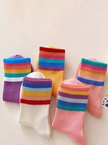 5 paia di calzini a collo tondo per bambini per primavera, autunno e inverno. Spessore medio, elastici, a righe arcobaleno, calzini da ragazza dopamina
