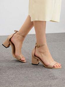 Sandalias De Tacón Grueso Simple Y Elegante Para Mujeres Con Correa De Tobillo - Beis - Ver 3