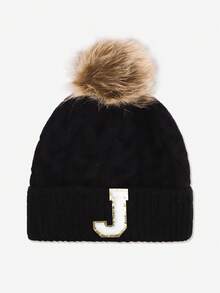 1pc Baby & Toddler Letter Pom Pom Knit Hat, 26 Letters Available, Knitted Cap, Suitable For Baby Boys & Girls Everyday Wear In Autumn/Winter - Black - View 24