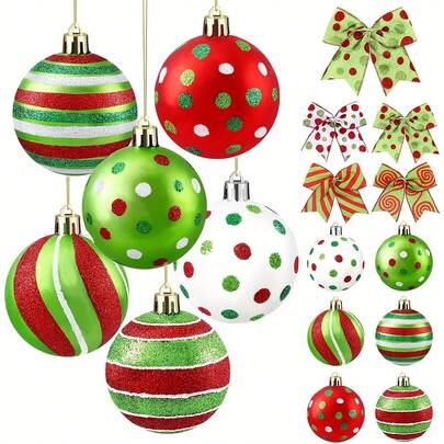 12pcs Christmas Balls Ornament With 12 Pcs Red & Green Christmas Bows, 2.4 Inch Glittering Hanging Xmas Balls For Tree Decoration Gift Wrapping Garland, Red & Green Plastic Christmas Baubles For Home Indoor Holiday Party Decor Home Decor Christmas Decorations Room Decor Winter